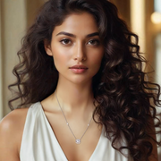 A woman with curly hair wearing a white top and a silver pendant necklace featuring a halo design with a lab-grown stone at the center.
